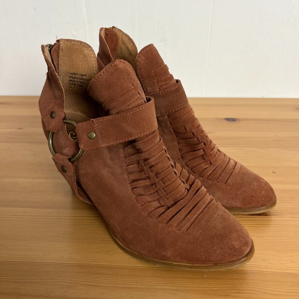 Seychelles Suede Heeled Ankle Booties‎ Cognac Brown Buckle Women's Size 7